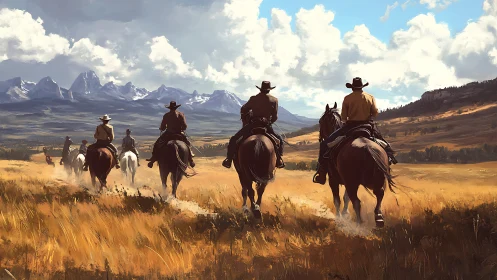Cowboys on horseback crossing open mountain grassland.