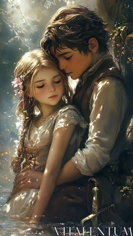 Two figures embrace in golden forest light.