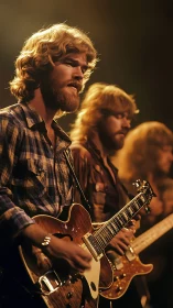 70s rock guitarists onstage under warm amber concert lighting