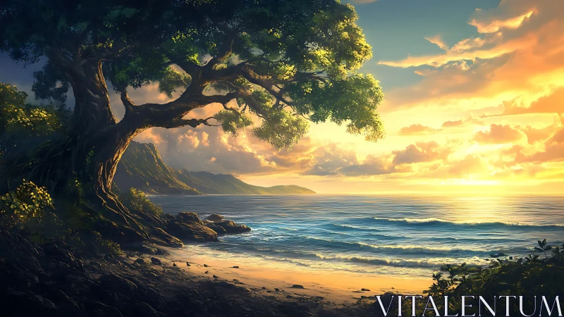 Gnarled Guardian Watches Golden Hour Serenity Unfold