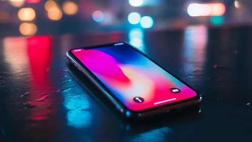 Smartphone on Wet Surface Under Neon Lights.