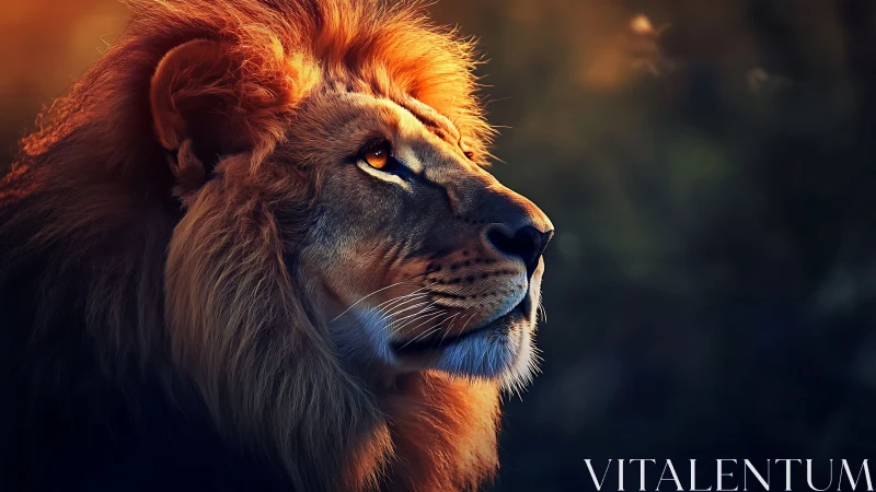 Majestic lion portrait under warm dramatic sunset light.