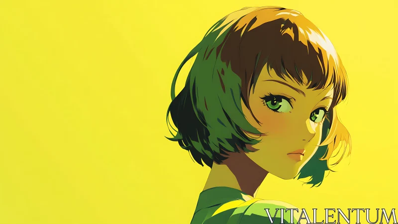 Sunlit anime portrait on bold monochrome yellow field.