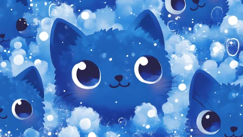 Blue cat face with luminous eyes surrounded by bokeh bubbles.