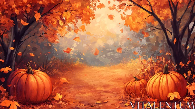 Autumn forest path with pumpkins under dense orange foliage