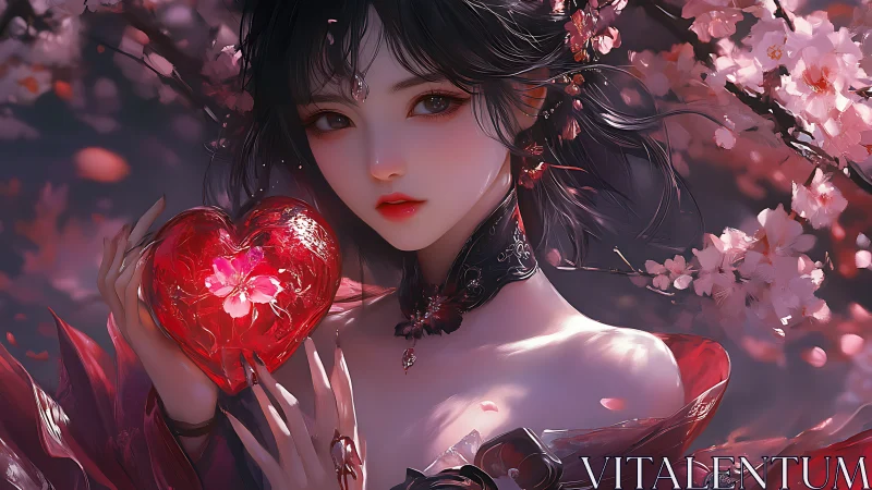 Cherry blossom sorceress holds a glowing crystal heart