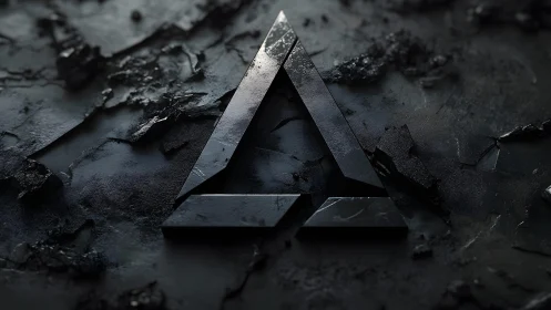 Dark metallic triangle emblem on cracked textured surface.