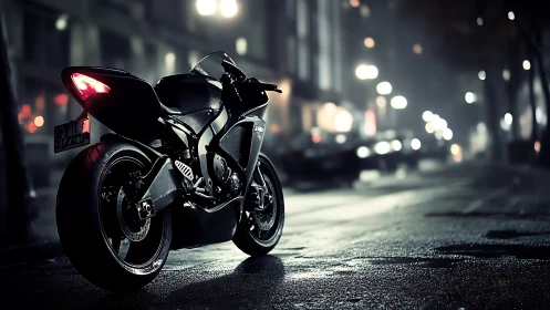 Rear three-quarter superbike study in nocturnal urban rainscape.