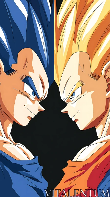 Split-screen anime duel close-up with two powered fighters