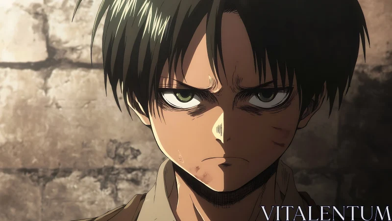 Determined anime soldier stares ahead in harsh side light.