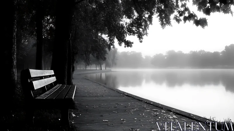 High contrast foggy lakeside bench with linear perspective depth