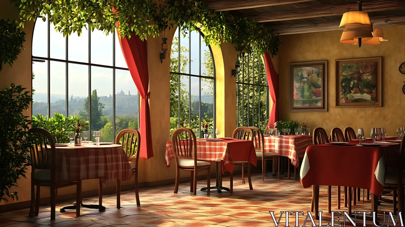 Sunlit restaurant interior with red checkered table settings.