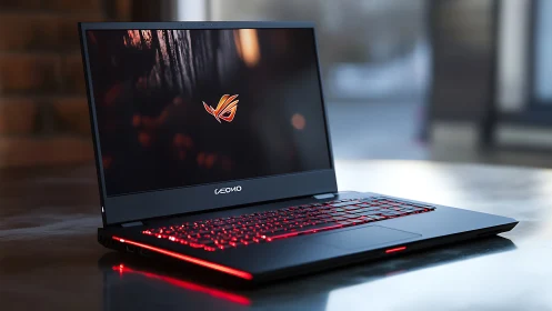 Sleek gaming laptop glows with fiery red backlit ambition.