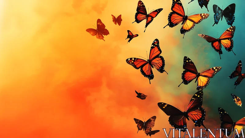 Monarch butterflies drift across blazing orange sky gradient.