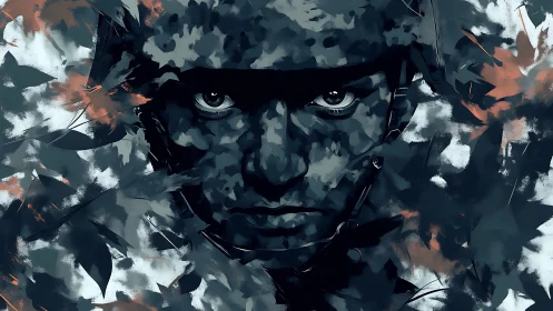 Camouflaged soldier portrait emerges through abstract foliage pattern