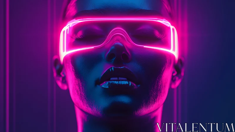 Neon cyber visor illuminating futuristic female portrait.