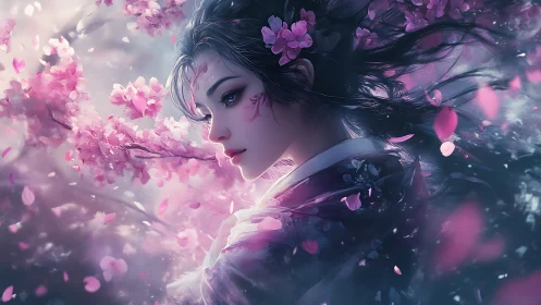 Serene woman in kimono amid swirling pink blossoms.