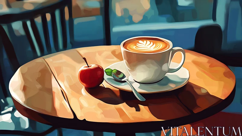 Latte art and candied apple on sunlit café table.