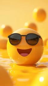 Smiling emoji sphere wears sunglasses in glossy yellow pool.