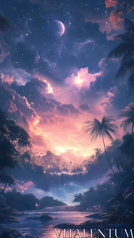 Tropical waterfall valley glows under nebula sky at dusk