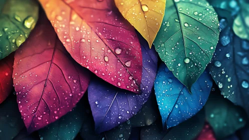 Vibrant rainbow leaves gleam under delicate raindrops