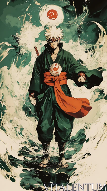 Warrior in emerald robes amid swirling elemental aura.