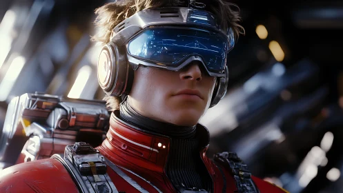 Futuristic pilot in red suit with visor and headset gear.