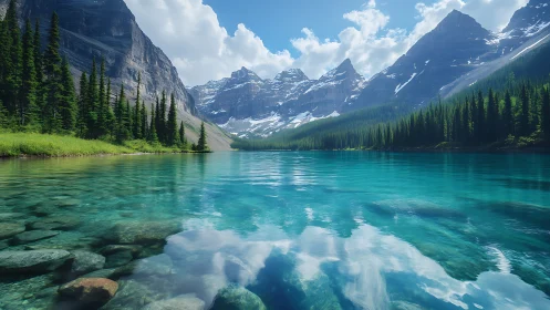 Mountain lake reflects conifer forest and snow covered peaks