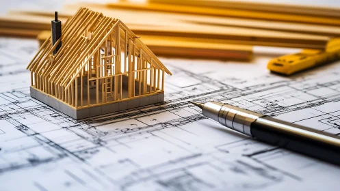Golden architectural model on building blueprint plans