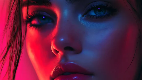 Close digital portrait in neon red and blue light.