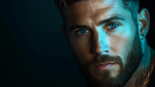 Close-up male portrait in teal rim lighting with shallow depth
