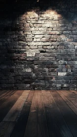 Rustic brick wall and wooden floor under moody spotlight.