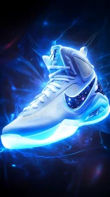 Futuristic athletic shoe is rendered with luminous blue effects