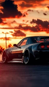 Widebody drift car at sunset on empty highway.