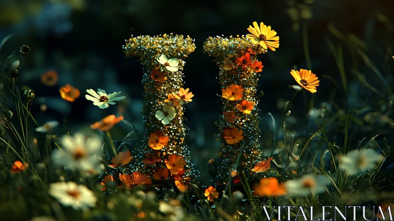 Floral numeral II sculpture in sunlit meadow with orange daisies