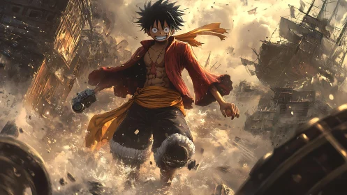 Straw hat pirate charges through burning harbor chaos.