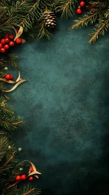 Cozy evergreen frame with berries on deep teal backdrop.