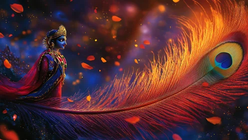 Divine blue wanderer walking the flame-tipped peacock plume.