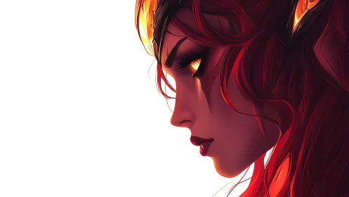 Fiery demon woman glares in profile with glowing ember eyes
