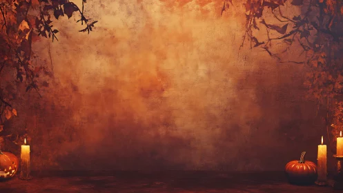 Warm candlelit pumpkins glow against rustic autumn wall
