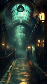 Noir-lit vaulted corridor with misty staircase and teal skylight