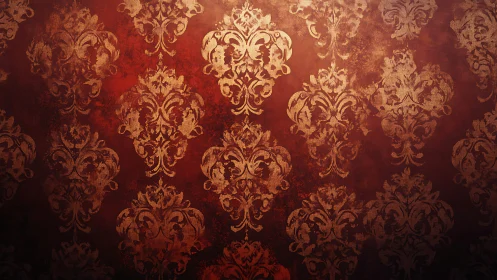 Aged red damask wallpaper with distressed gold ornamental pattern