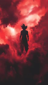 Backlit spiky‑haired combatant in volumetric crimson clouds.