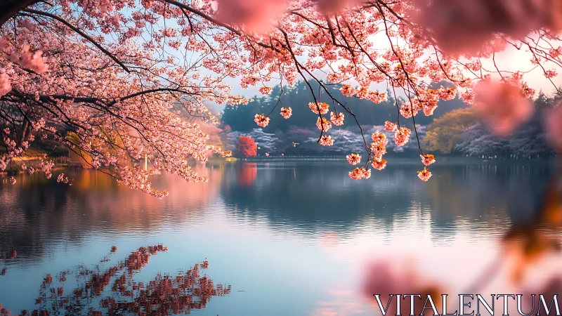 Blush-kissed cherry blossoms cradling a dreamlit lakeshore.