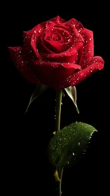 Deep crimson rose glistens with dewdrops against darkness.