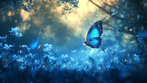 Bioluminescent blue butterfly hovering in ethereal forest glade