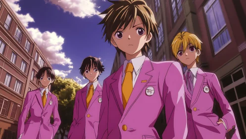 Pink blazer brigade under moody academy skylight.