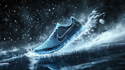 High-speed blue running shoe in dynamic water motion render