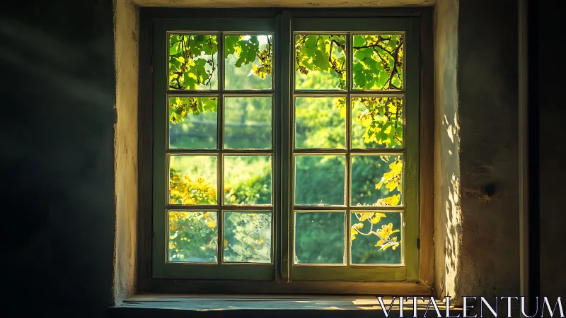 Sunlit country window welcomes lush green garden views