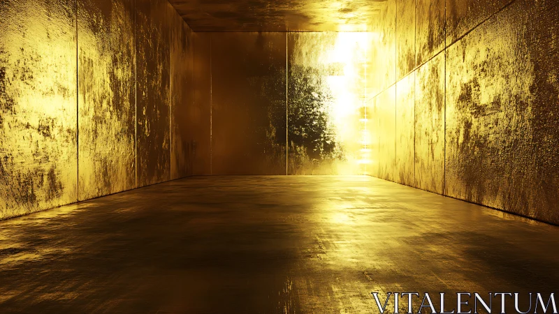 Empty metallic corridor with reflective golden walls.
